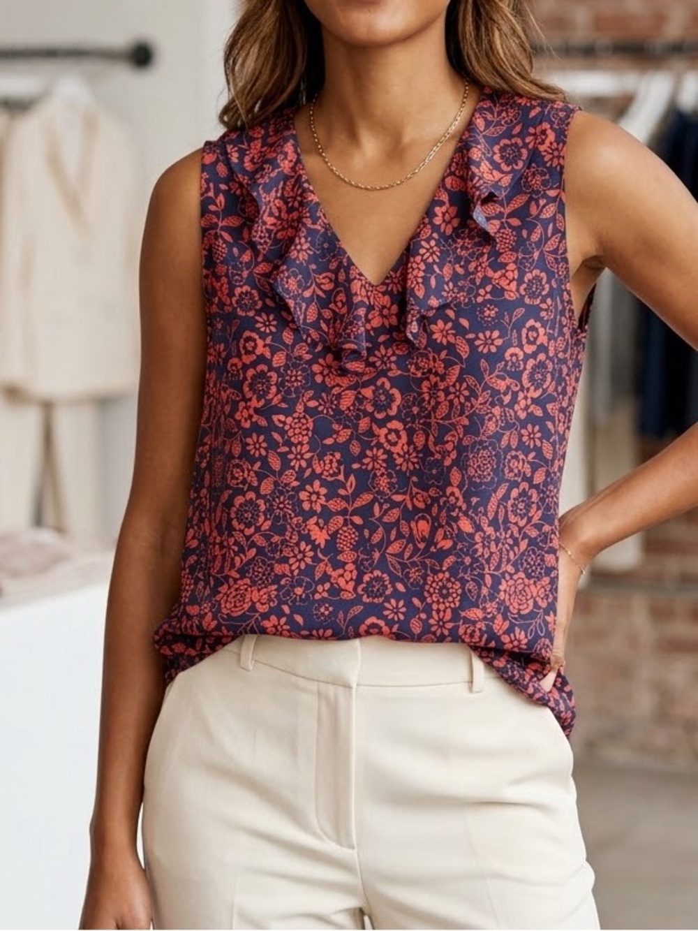 Terra & Sky Navy and Red Floral Ruffle Neck Camisole